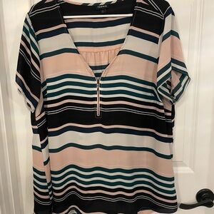 Striped V-Neck Blouse with Zipper